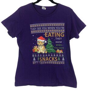Funny Husky Dog Christmas Graphic T-Shirt L Cotton Purple Crew Neck Short Sleeve